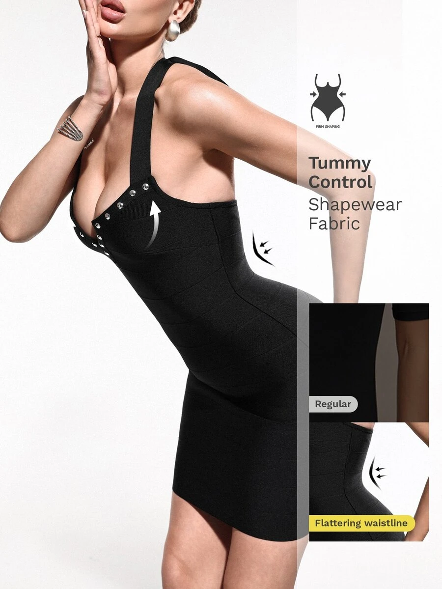 Nuvra Street Style Bandage Sexy Metal Rivet Halter Neck Fitted Bodycon Mini Dress Night Out Club Black Summer - Black - View 1