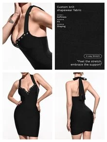 Nuvra Street Style Bandage Sexy Metal Rivet Halter Neck Fitted Bodycon Mini Dress Night Out Club Black Summer - Black - View 6