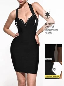 Nuvra Street Style Bandage Sexy Metal Rivet Halter Neck Fitted Bodycon Mini Dress Night Out Club Black Summer - Black - View 7