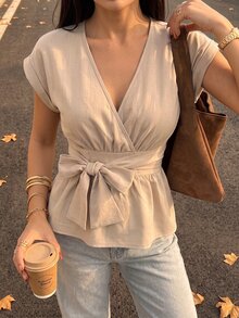 Allurite Minimalist Casual Solid Color Back Waist Knot Shirred Waist Women's Blouse, Suitable For Daily Commute Brunch Office, Home, Evening Date Beige Summer - Apricot - View 4