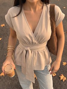Allurite Minimalist Casual Solid Color Back Waist Knot Shirred Waist Women's Blouse, Suitable For Daily Commute Brunch Office, Home, Evening Date Beige Summer - Apricot - View 3