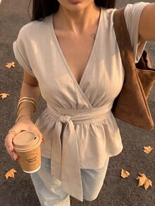 Allurite Minimalist Casual Solid Color Back Waist Knot Shirred Waist Women's Blouse, Suitable For Daily Commute Brunch Office, Home, Evening Date Beige Summer - Apricot - View 5