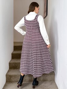 SHEIN LUNE Gaun Terusan Elegan Motif Kotak-kotak Kancing untuk Wanita Ukuran Besar - Merah - View 2