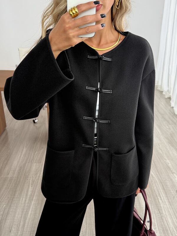 Easowa Women's Elegant Frog Button Long Sleeve Pocket Overcoat Fashion Teachers' Day Office Black Autumn