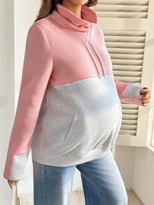 SHEIN Maternity Colorblock Long Sleeve Pocket Design Drawstring Sweatshirt Winter - Multicolor - View 3