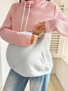 SHEIN Maternity Colorblock Long Sleeve Pocket Design Drawstring Sweatshirt Winter - Multicolor - View 1