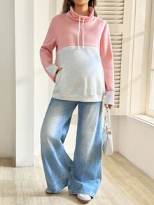 SHEIN Maternity Colorblock Long Sleeve Pocket Design Drawstring Sweatshirt Winter - Multicolor - View 5