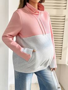 SHEIN Maternity Colorblock Long Sleeve Pocket Design Drawstring Sweatshirt Winter - Multicolor - View 4