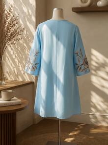 Rusticease Plus Size Floral Print Casual Elegant Vacation Dress Cocktail Brunch Party Birthday Light Blue Autumn Fall - Blue - View 3
