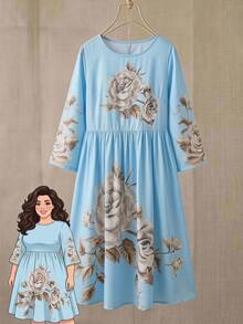 Rusticease Plus Size Floral Print Casual Elegant Vacation Dress Cocktail Brunch Party Birthday Light Blue Autumn Fall - Blue - View 2