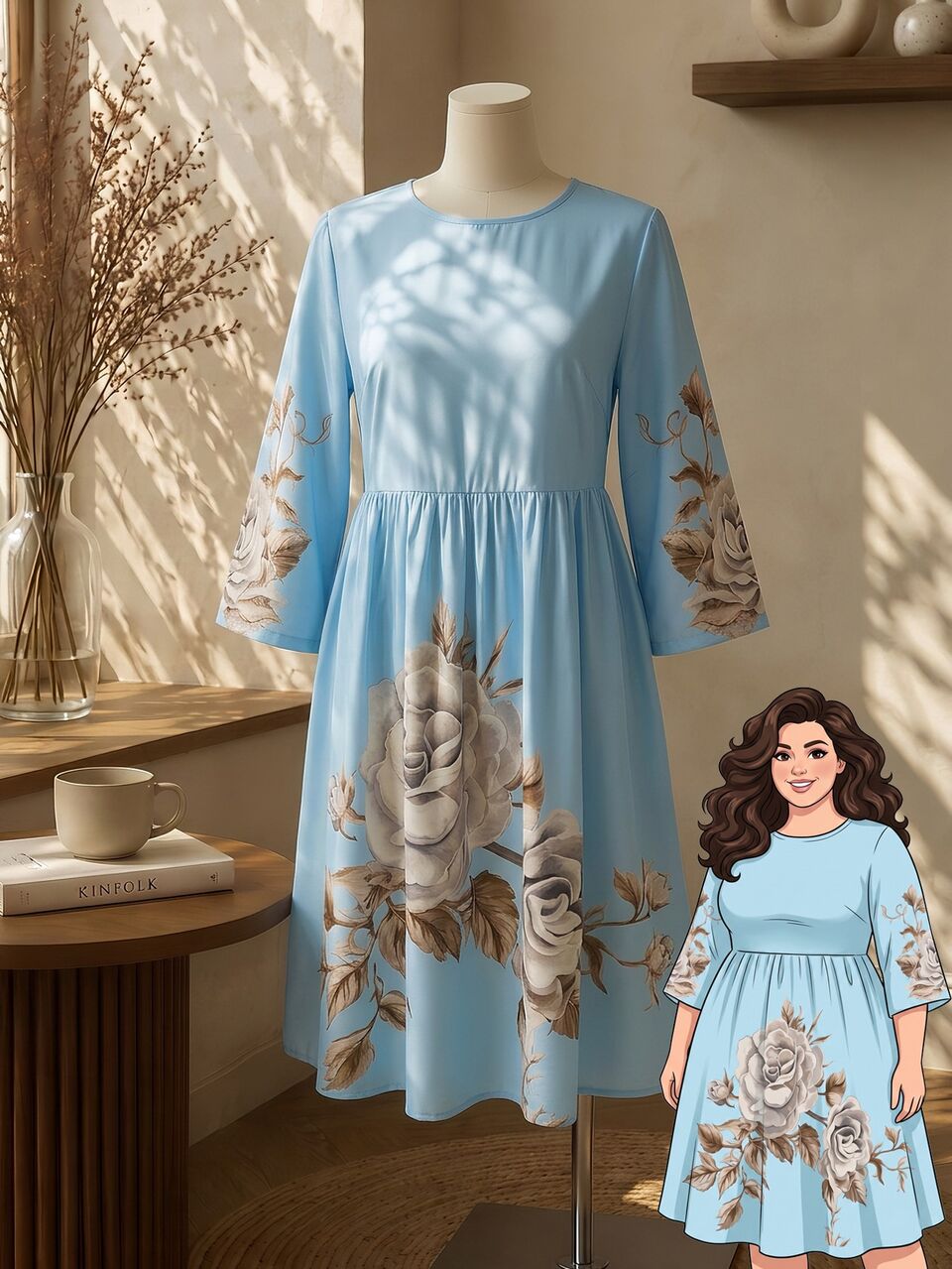 Plus Size Floral Print Casual Elegant Vacation Dress Cocktail Birthday Light Blue Autumn Fall