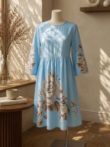 Rusticease Plus Size Floral Print Casual Elegant Vacation Dress Cocktail Brunch Party Birthday Light Blue Autumn Fall - Blue - View 5