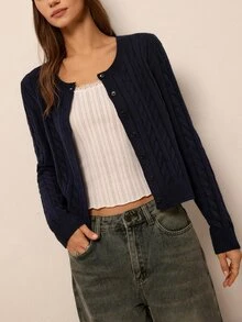 Freevana Women's Cable Knit Long Sleeve Single-Breasted Casual Cardigan - Navy Blue - View 2