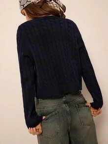 Freevana Women's Cable Knit Long Sleeve Single-Breasted Casual Cardigan - Navy Blue - View 5