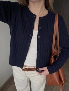 Freevana Women's Cable Knit Long Sleeve Single-Breasted Casual Cardigan - Navy Blue - View 3