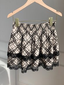 Comfortcana 女款格紋蕾絲拼接休閒學院風可愛百搭迷你裙，假日穿搭、萬聖節、外出、校園，黑色格紋夏季款 - 彩色 - 查看 2