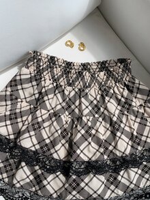 Comfortcana 女款格紋蕾絲拼接休閒學院風可愛百搭迷你裙，假日穿搭、萬聖節、外出、校園，黑色格紋夏季款 - 彩色 - 查看 4