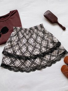 Comfortcana 女款格紋蕾絲拼接休閒學院風可愛百搭迷你裙，假日穿搭、萬聖節、外出、校園，黑色格紋夏季款 - 彩色 - 查看 5