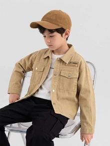 Tween Boy Khaki Washed Denim Workwear Jacket, Casual Preppy Style, Turn-Down Collar, Long Sleeve, Single-Breasted, Loose Fit, Spring/Autumn Outerwear Denim Jacket, Suitable For School, Daily Wear, Travel - Khaki - View 9