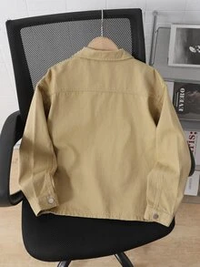 Tween Boy Khaki Washed Denim Workwear Jacket, Casual Preppy Style, Turn-Down Collar, Long Sleeve, Single-Breasted, Loose Fit, Spring/Autumn Outerwear Denim Jacket, Suitable For School, Daily Wear, Travel - Khaki - View 3