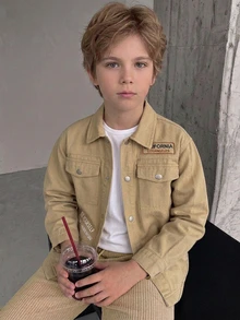 Tween Boy Khaki Washed Denim Workwear Jacket, Casual Preppy Style, Turn-Down Collar, Long Sleeve, Single-Breasted, Loose Fit, Spring/Autumn Outerwear Denim Jacket, Suitable For School, Daily Wear, Travel - Khaki - View 4