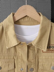 Tween Boy Khaki Washed Denim Workwear Jacket, Casual Preppy Style, Turn-Down Collar, Long Sleeve, Single-Breasted, Loose Fit, Spring/Autumn Outerwear Denim Jacket, Suitable For School, Daily Wear, Travel - Khaki - View 7