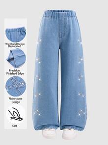 SHEIN Girls' Vintage Light Blue Washed Rhinestone Bow Asymmetrical Straight Leg Denim Jeans, Loose Fit, Elastic Waistband, Comfortable For Daily Wear, School, Back To School - Light Wash - View 6