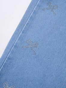 SHEIN Girls' Vintage Light Blue Washed Rhinestone Bow Asymmetrical Straight Leg Denim Jeans, Loose Fit, Elastic Waistband, Comfortable For Daily Wear, School, Back To School - Light Wash - View 7