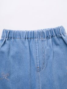 SHEIN Girls' Vintage Light Blue Washed Rhinestone Bow Asymmetrical Straight Leg Denim Jeans, Loose Fit, Elastic Waistband, Comfortable For Daily Wear, School, Back To School - Light Wash - View 9