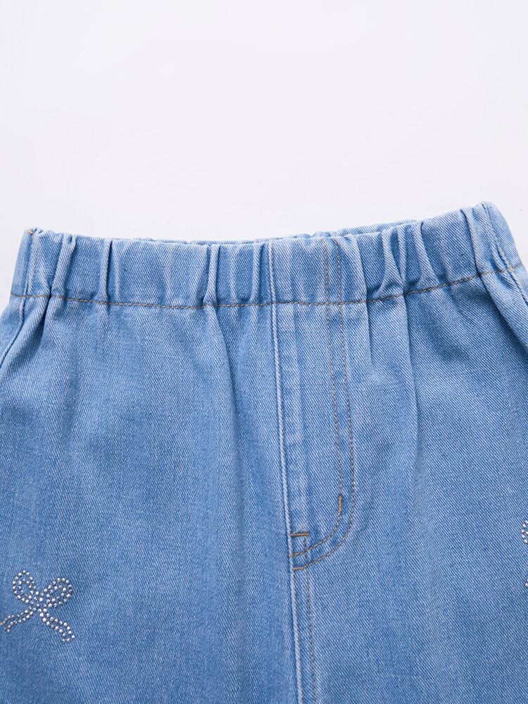 SHEIN Girls' Vintage Light Blue Washed Rhinestone Bow Asymmetrical Straight Leg Denim Jeans, Loose Fit, Elastic Waistband, Comfortable For Daily Wear, School, Back To School - Light Wash - View 8