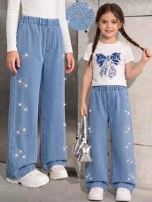 SHEIN Girls' Vintage Light Blue Washed Rhinestone Bow Asymmetrical Straight Leg Denim Jeans, Loose Fit, Elastic Waistband, Comfortable For Daily Wear, School, Back To School - Light Wash - View 10
