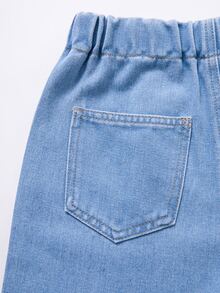 SHEIN Girls' Vintage Light Blue Washed Rhinestone Bow Asymmetrical Straight Leg Denim Jeans, Loose Fit, Elastic Waistband, Comfortable For Daily Wear, School, Back To School - Light Wash - View 5