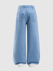 SHEIN Girls' Vintage Light Blue Washed Rhinestone Bow Asymmetrical Straight Leg Denim Jeans, Loose Fit, Elastic Waistband, Comfortable For Daily Wear, School, Back To School - Light Wash - View 3