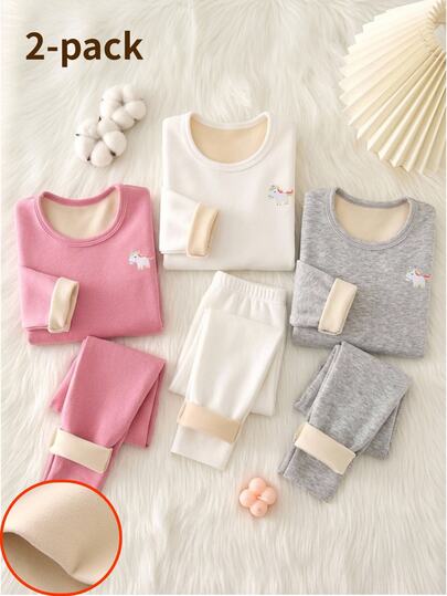 Ropa interior térmica básica para niña pequeña, ajustada, cálida, con estampado de unicornio, color rosa, cuello alto, manga larga y pantalón largo