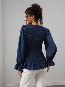 SHEIN Navy Blue Maternity Top, Round Neck Long Sleeve Design, Elastic Waist With Ruffle Hem, Comfortable Loose Fit To Hide Belly And Slimming, Versatile For Daily Wear And Commuting During Pregnancy - Navy Blue - View 2