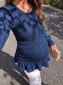 SHEIN Navy Blue Maternity Top, Round Neck Long Sleeve Design, Elastic Waist With Ruffle Hem, Comfortable Loose Fit To Hide Belly And Slimming, Versatile For Daily Wear And Commuting During Pregnancy - Navy Blue - View 1