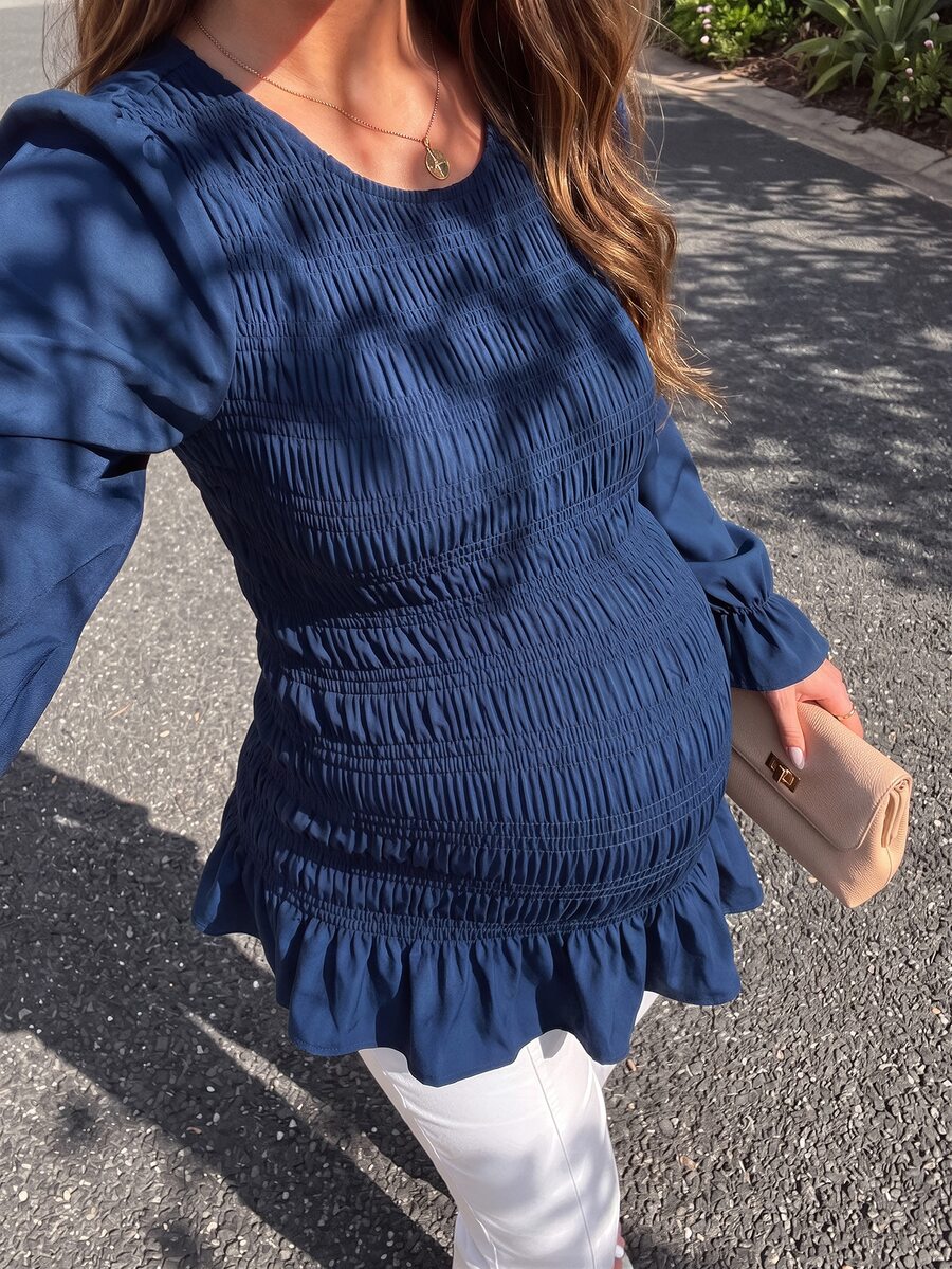 SHEIN Navy Blue Maternity Top, Round Neck Long Sleeve Design, Elastic Waist With Ruffle Hem, Comfortable Loose Fit To Hide Belly And Slimming, Versatile For Daily Wear And Commuting During Pregnancy - Navy Blue - View 1