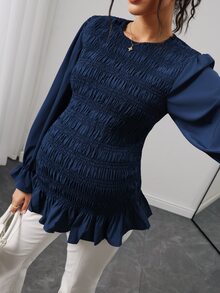 SHEIN Navy Blue Maternity Top, Round Neck Long Sleeve Design, Elastic Waist With Ruffle Hem, Comfortable Loose Fit To Hide Belly And Slimming, Versatile For Daily Wear And Commuting During Pregnancy - Navy Blue - View 7