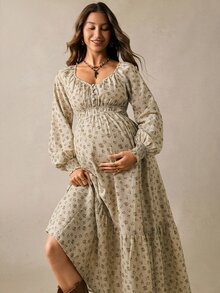 Boho Mama 孕婦全印花百褶休閒寬鬆套裝裙，性感時尚日常家庭度假秋季拍照米色正式洋裝 - 卡其色 - 查看 3