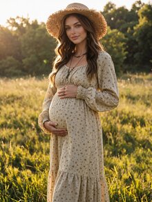 Boho Mama 孕婦全印花百褶休閒寬鬆套裝裙，性感時尚日常家庭度假秋季拍照米色正式洋裝 - 卡其色 - 查看 1