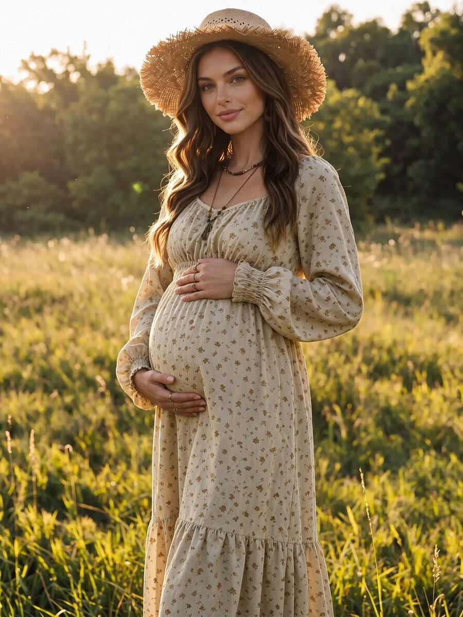 Boho Mama 孕婦全印花百褶休閒寬鬆套裝裙,性感時尚日常家庭度假秋季拍照米色正式洋裝 - 卡其色 - 查看 1