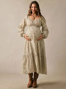 Boho Mama 孕婦全印花百褶休閒寬鬆套裝裙，性感時尚日常家庭度假秋季拍照米色正式洋裝 - 卡其色 - 查看 7