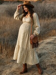 Boho Mama 孕婦全印花百褶休閒寬鬆套裝裙，性感時尚日常家庭度假秋季拍照米色正式洋裝 - 卡其色 - 查看 4