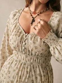 Boho Mama 孕婦全印花百褶休閒寬鬆套裝裙，性感時尚日常家庭度假秋季拍照米色正式洋裝 - 卡其色 - 查看 2