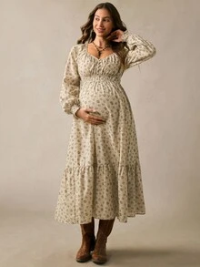 Boho Mama 孕婦全印花百褶休閒寬鬆套裝裙，性感時尚日常家庭度假秋季拍照米色正式洋裝 - 卡其色 - 查看 5