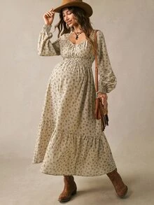 Boho Mama 孕婦全印花百褶休閒寬鬆套裝裙，性感時尚日常家庭度假秋季拍照米色正式洋裝 - 卡其色 - 查看 9