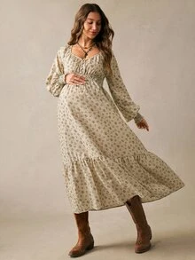 Boho Mama 孕婦全印花百褶休閒寬鬆套裝裙，性感時尚日常家庭度假秋季拍照米色正式洋裝 - 卡其色 - 查看 6