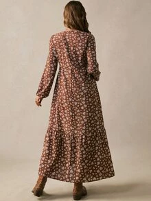 Boho Mama Gaun Kasual Lengan Panjang Leher V Motif Bunga Kecil untuk Ibu Hamil, Cocok untuk Liburan Musim Gugur - Coklat - View 7