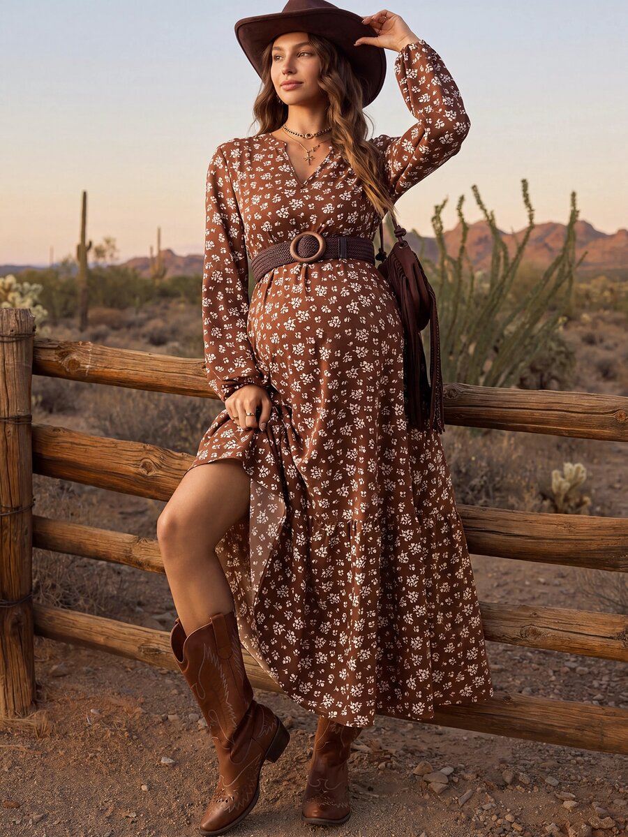 Boho Mama Gaun Kasual Lengan Panjang Leher V Motif Bunga Kecil untuk Ibu Hamil, Cocok untuk Liburan Musim Gugur - Coklat - View 1