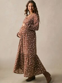 Boho Mama Gaun Kasual Lengan Panjang Leher V Motif Bunga Kecil untuk Ibu Hamil, Cocok untuk Liburan Musim Gugur - Coklat - View 8